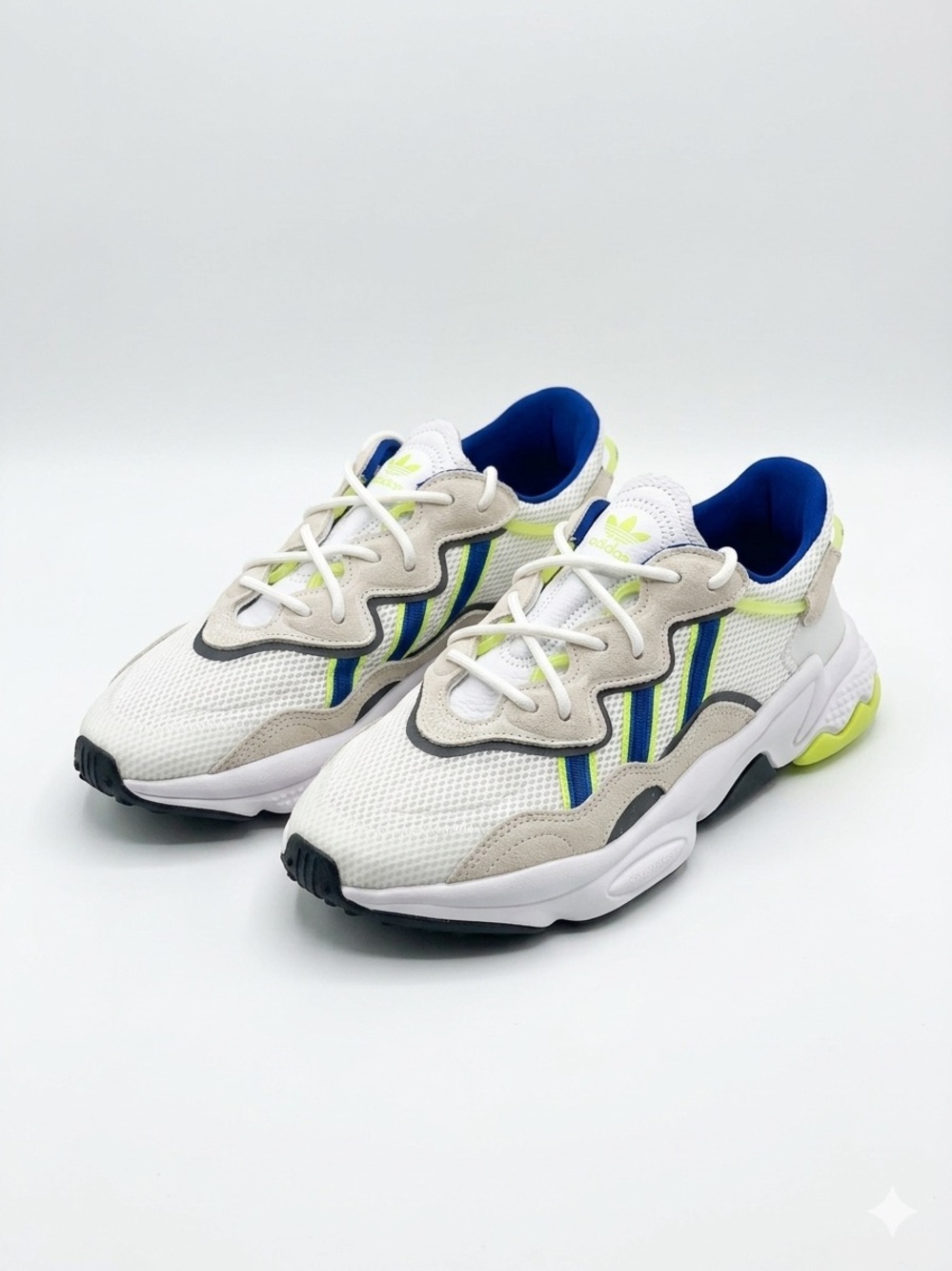 adidas White Mesh Sneakers with Blue and Neon Yellow Accents